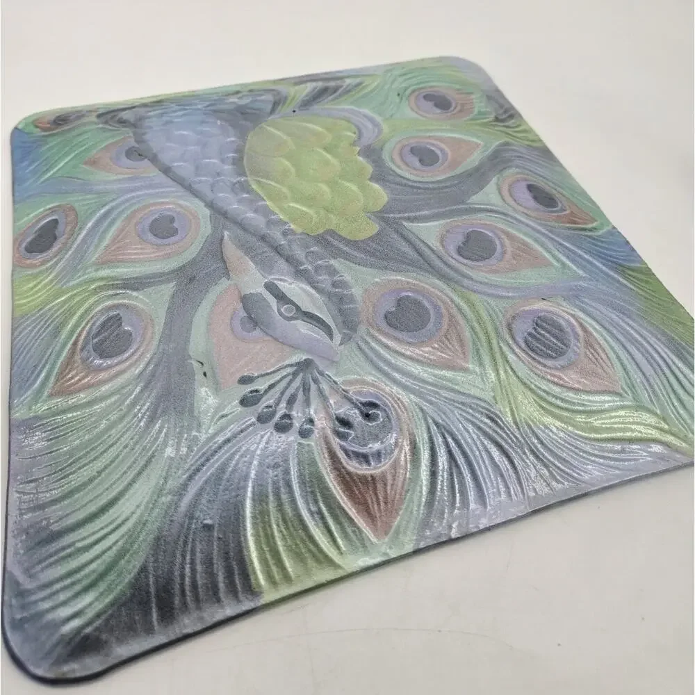 Hand Painted Peacock Plate Square Glass Beautiful Display Piece 12